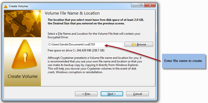 Create vault options in Cypherix PE encryption software